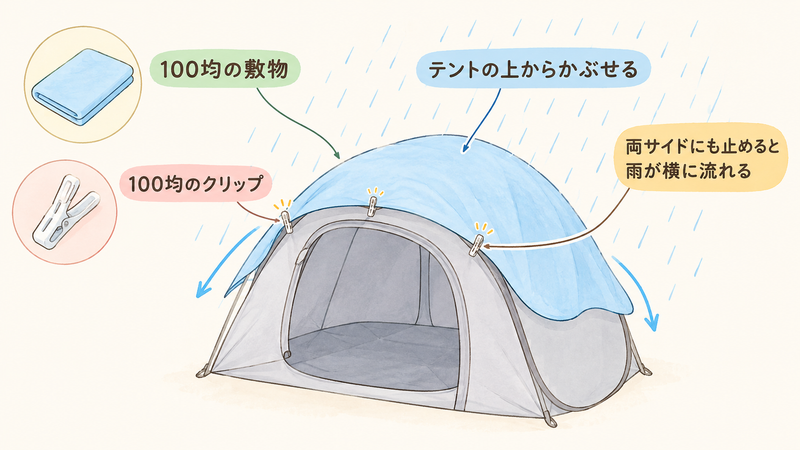 テントに敷物をかぶせてクリップで止める方法